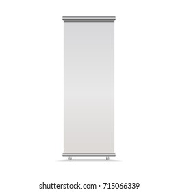 Vertical Roll-up banner isolated on white background, , front view. Vector empty show display mock up for presentation or exhibition