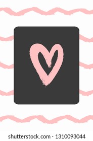 Vertical romantic print, poster, sticker. Grunge, graffiti, watercolour, sketch, paint. White, pink, black. Cute vector illustration.