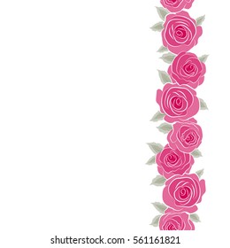 Vertical rose watercolor flower illustration. Vector seamless pattern of stylized neutral and magenta roses with copy space (place for your text).