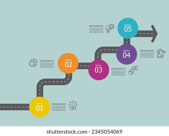 vertical round circle steps timeline infographic element report background with business line icon 5 steps for any business-related presentation or publication vector illustration
