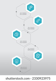 vertical round hexagon steps timeline infographic element report background with business line icon 5 steps for any business-related presentation or publication vector illustration