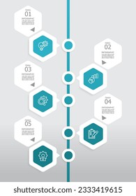 vertical round hexagon steps timeline infographic element report background with business line icon 5 steps for any business-related presentation or publication vector illustration
