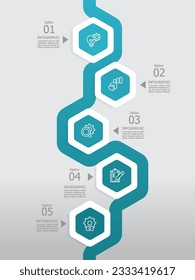 vertical round hexagon steps timeline infographic element report background with business line icon 5 steps for any business-related presentation or publication vector illustration