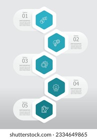 vertical round hexagon steps timeline infographic element report background with business line icon 5 steps for any business-related presentation or publication vector illustration