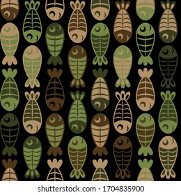 Vertical rows of cute cartoon khaki fish swim chequerwise, staggered and look at each other, protection vector seamless background with abstract silhouettes of black, brown and green fishes.