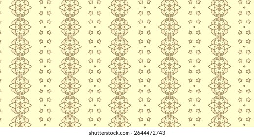 Vertical rows of geometric star and flower shapes in warm tan tones. A soft ornamental pattern with symmetry, perfect for textile or wallpaper designs.