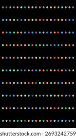Linhas verticais de pontos multicoloridos em um fundo preto, criando um design vibrante e simétrico.
