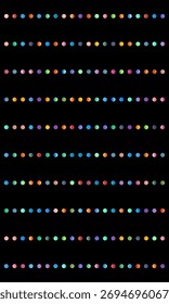Vertical rows of multicolored dots on a black background, creating a vibrant and symmetrical design.