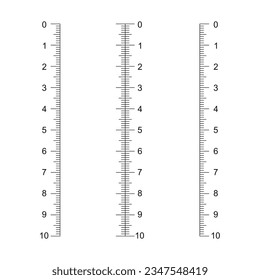 Escala vertical de regla con marcado de 10 centímetros. Medición de plantillas de gráfico. Matemáticas de medición de distancia, altura o longitud o herramienta de coser aisladas en fondo blanco. Ilustración gráfica del vector