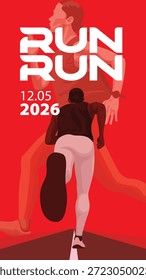 Ilustración de corredor de Vertical en estilo de Vector plano moderno con perspectiva de ángulo bajo y tema de color rojo. Diseño dinámico de carteles deportivos para eventos de maratón, motivación física y formatos de mesa de trabajo de Vertical de redes sociales.