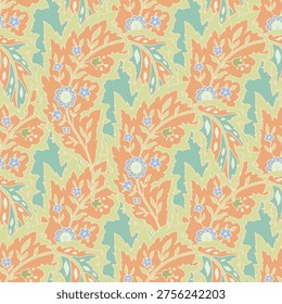 Vertical rust floral stripes on sage green for farmhouse wallpaper, bedding and kitchen textiles.