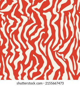 Vertical safari zebra seamless repeat pattern. Vector animal skin like wavy lines all over surface print on red background.