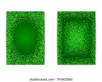 Vertical Saint Patricks Day banner template set with green clover confetti. Frames of shamrock leaves with place for text. Template for greeting card design, banner, flyer, party invitation.