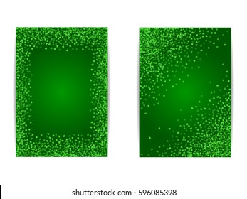 Vertical Saint Patricks Day banner template set with green clover confetti. Frames of shamrock leaves with place for text. Template for greeting card design, banner, flyer, party invitation.