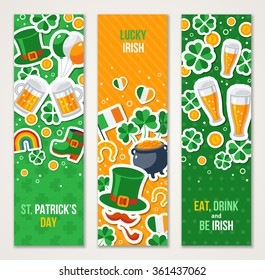 Vertical Saint Patricks Day Banners Set with Irish Stickers Symbols in Flat Style. Vector Illustration. 