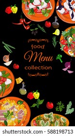 Vertical salads menu with hand drawn dishes and ingredients. Restaurant menu design.