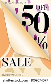 Vertical sale advertisement banner on hand drawn background with curled peel out corner. Sale trendy poster with gold splashes and black frame. Rough colorful doodle fun special offer banner template.