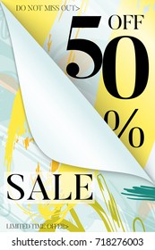 Vertical sale advertisement banner on hand drawn background with curled peel out corner. Sale trendy poster with gold splashes and black frame. Rough colorful doodle fun special offer banner template.
