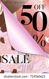 Vertical sale advertisement banner on hand drawn background with curled peel out corner. Sale trendy poster with gold splashes and black frame. Rough colorful doodle fun special offer banner template.