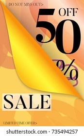 Vertical sale advertisement banner on hand drawn background with curled peel out corner. Sale trendy poster with gold splashes and black frame. Rough colorful doodle fun special offer banner template.