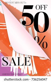 Vertical sale advertisement banner on hand drawn background with curled peel out corner. Sale trendy poster with gold splashes and black frame. Rough colorful doodle fun special offer banner template.