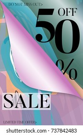 Vertical sale advertisement banner on hand drawn background with curled peel out corner. Sale trendy poster with gold splashes and black frame. Rough colorful doodle fun special offer banner template.