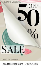 Vertical sale advertisement banner on hand drawn background with curled peel out corner. Sale trendy poster with gold splashes and black frame. Rough colorful doodle fun special offer banner template.