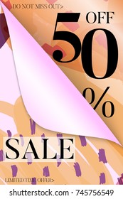 Vertical sale advertisement banner on hand drawn background with curled peel out corner. Sale trendy poster with gold splashes and black frame. Rough colorful doodle fun special offer banner template.