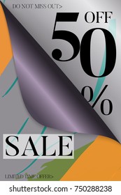 Vertical sale advertisement banner on hand drawn background with curled peel out corner. Sale trendy poster with gold splashes and black frame. Rough colorful doodle fun special offer banner template.