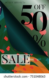 Vertical sale advertisement banner on hand drawn background with curled peel out corner. Sale trendy poster with gold splashes and black frame. Rough colorful doodle fun special offer banner template.