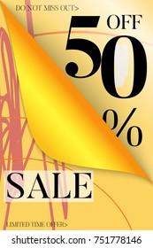 Vertical sale advertisement banner on hand drawn background with curled peel out corner. Sale trendy poster with gold splashes and black frame. Rough colorful doodle fun special offer banner template.