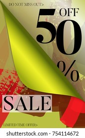Vertical sale advertisement banner on hand drawn background with curled peel out corner. Sale trendy poster with gold splashes and black frame. Rough colorful doodle fun special offer banner template.