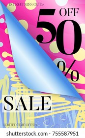 Vertical sale advertisement banner on hand drawn background with curled peel out corner. Sale trendy poster with gold splashes and black frame. Rough colorful doodle fun special offer banner template.