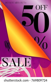 Vertical sale advertisement banner on hand drawn background with curled peel out corner. Sale trendy poster with gold splashes and black frame. Rough colorful doodle fun special offer banner template.