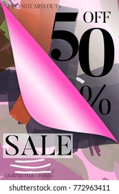 Vertical sale advertisement banner on hand drawn background with curled peel out corner. Sale trendy poster with gold splashes and black frame. Rough colorful doodle fun special offer banner template.