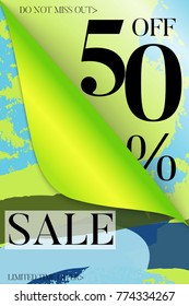 Vertical sale advertisement banner on hand drawn background with curled peel out corner. Sale trendy poster with gold splashes and black frame. Rough colorful doodle fun special offer banner template.
