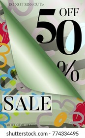 Vertical sale advertisement banner on hand drawn background with curled peel out corner. Sale trendy poster with gold splashes and black frame. Rough colorful doodle fun special offer banner template.