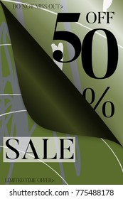 Vertical sale advertisement banner on hand drawn background with curled peel out corner. Sale trendy poster with gold splashes and black frame. Rough colorful doodle fun special offer banner template.