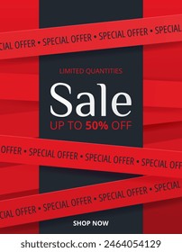 Vertical Sale banner with crossed tape ribbons and stripes. Red abstract discount background for promotion, Big Sale, Special Offer, advertising, leaflets, flyers, social media. Vector illustration