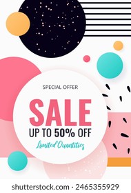Vertical Sale banner with geometric shapes, lines, dots. Background in Memphis style for promotion, social media post, advertising, Summer Sale, Black Friday. Vector template.