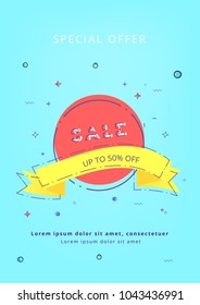 Vertical Sale card. Sliced lettering with ribbon. Element for graphic design - banner, ad, poster, flyer, tag, coupon, card. Vector illustration.