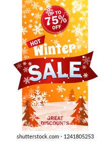 Vertical Sale Roll up on the background of winter snow forest. stand banner - Winter Hot sale, great discounts. Up to 75 off. Bright orange vector illustration.