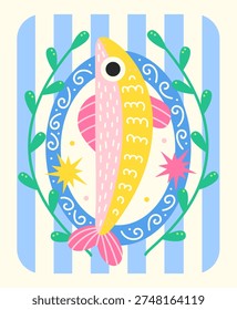 Vertical sardine label with pink and yellow fish on blue striped background, retro seafood poster with decorative seaweed and stars vector.
