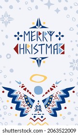 Vertical scandinavian greeting card template with angle and merry christmas text in runictic style. Also can be used as separated elements.