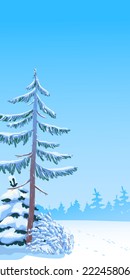 Vertical scene with falling snow. Snow-covered trees on the background of the forest. Vector illustration. Christmas scene.