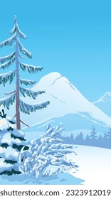 Escena vertical con caída de nieve. Árboles cubiertos de nieve, primero contra el telón de fondo de bosques y montañas. Ilustración vectorial. Escena de Navidad.