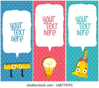 Vertical School banners or Bookmarks. ruler, bulb, bell characters