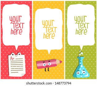 Vertical School banners or Bookmarks. test, pencil, flask characters