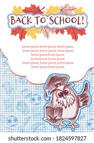 Vertical school design with different elements drawn by hand.Sketch form with an empty space for your text. vector illustration. Wise owl in a graduate hat shows up