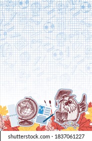 Vertical school design with different elements drawn by hand.Sketch form with an empty space for your text. vector illustration. Wise owl in a graduate hat shows up
